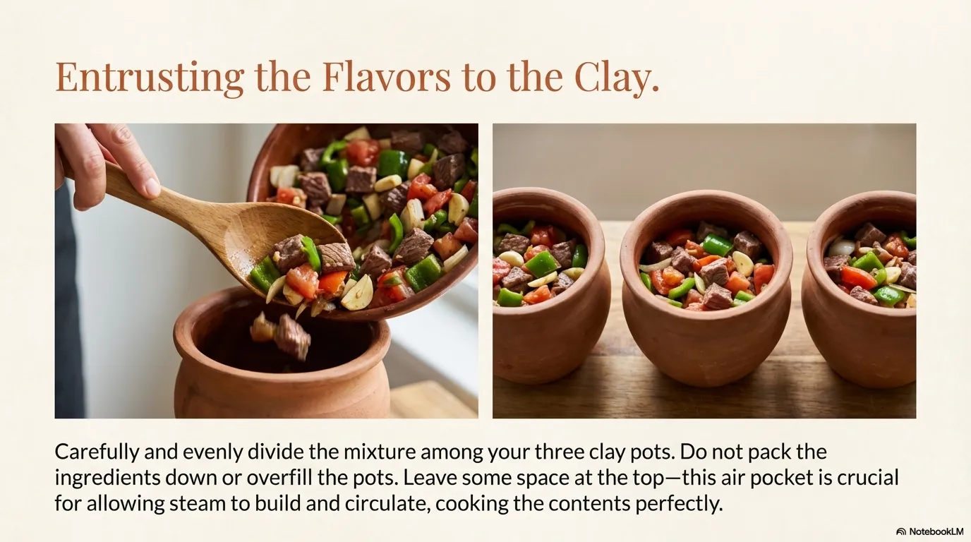 Testi (Pottery) Kebab — Filling: Entrusting the Flavors\nEvenly divide the mixture among clay pots