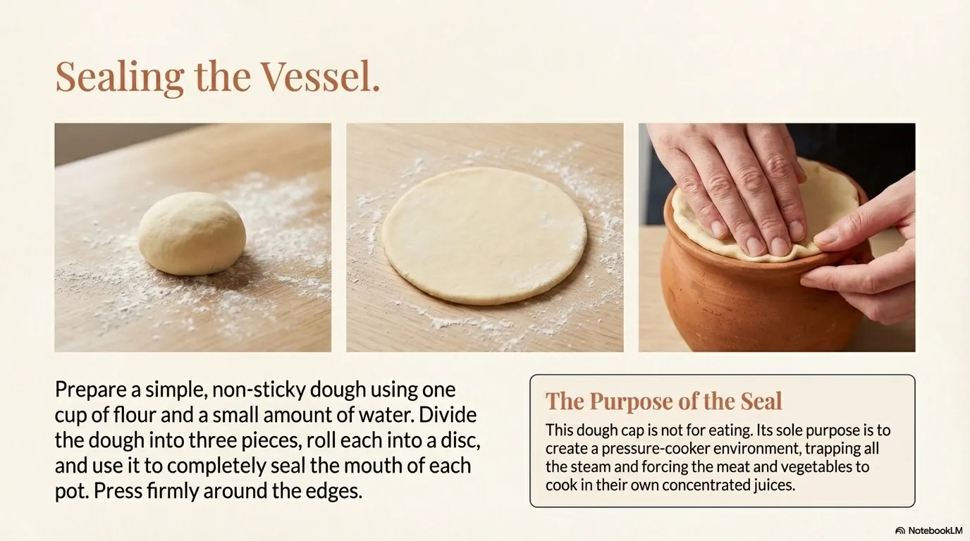 Testi (Pottery) Kebab — Sealing: The Pressure-Cooker Environment\nCreate a simple dough (1 cup flour + water)