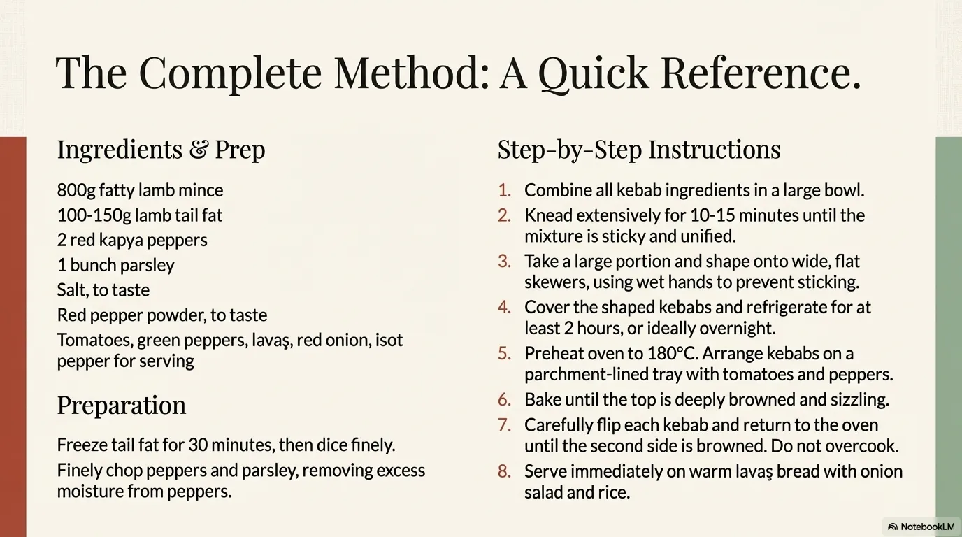 Urfa Kebab — Complete Method Summary Detailed quick reference covering all ingredients, prep (freezing fat, chopping peppers)